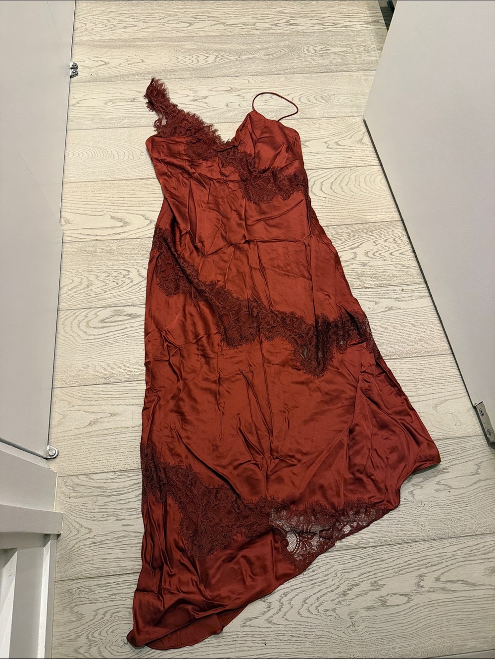 A.L.C. Rust Asymmetrical Slip Dress with Lace Insets